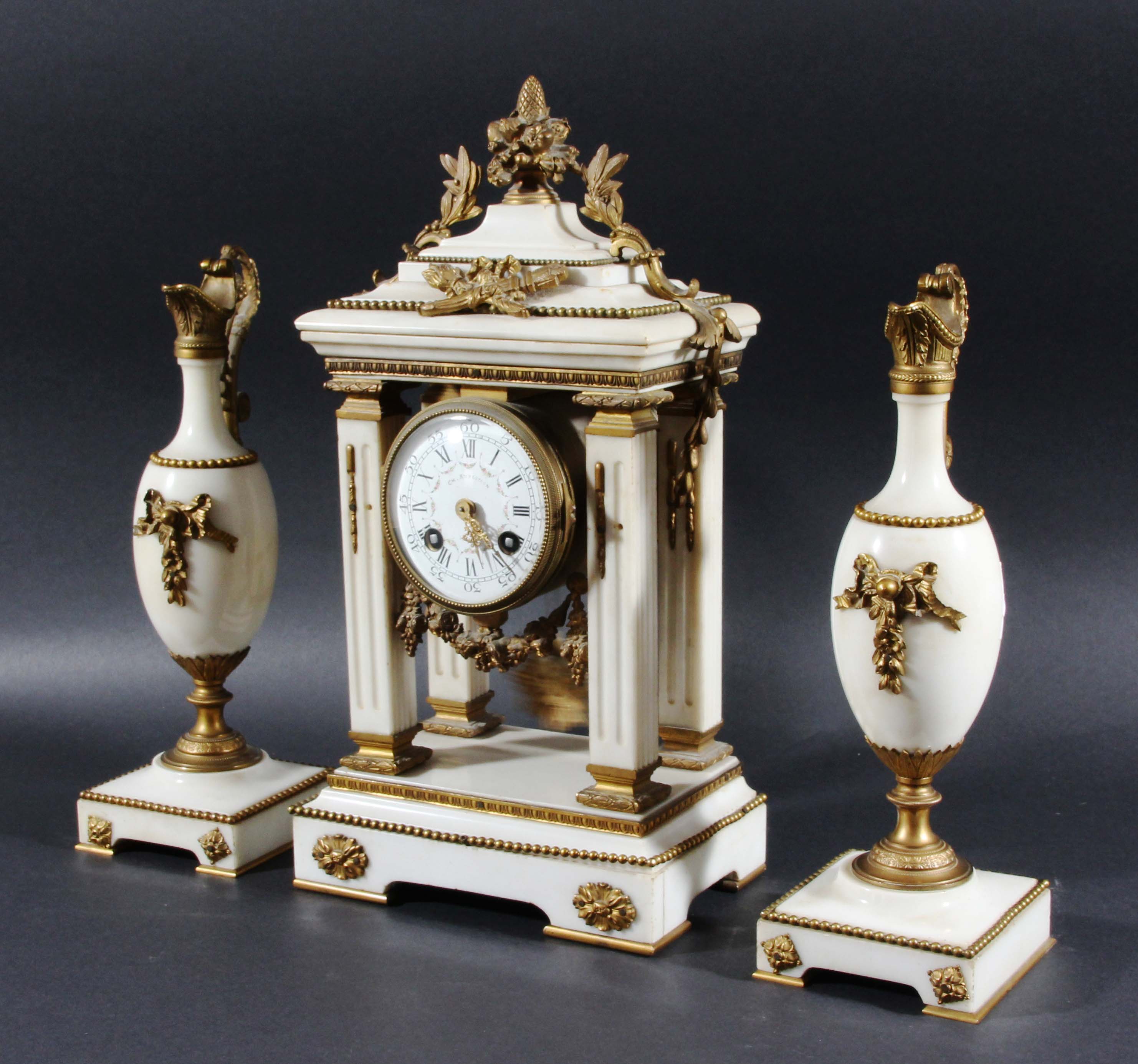 FRENCH PORTICO CLOCK GARNITURE, late 19th century, the 3 1/2" enamelled dial inscribed Ch.