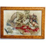 VICTORIAN NEEDLEWORK PICTURE of a monkey and kittens playing amongst fruit, framed, 28cm x 43cm