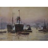 FRANK WILLIAM SCARBROUGH (1896-1939) BUSY SHIPPING SCENE ON THE THAMES Signed, watercolour 23.5 x
