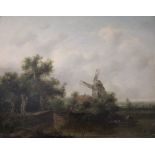 RICHARD HILDER (Fl.1836-1851) LANDSCAPE SCENE WITH A WINDMILL Oil on panel 34.5 x 44cm.