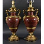 PAIR OF FRENCH RED MARBLE AND ORMOLU MOUNTED LAMP BASES, of baluster form, with satyr mask