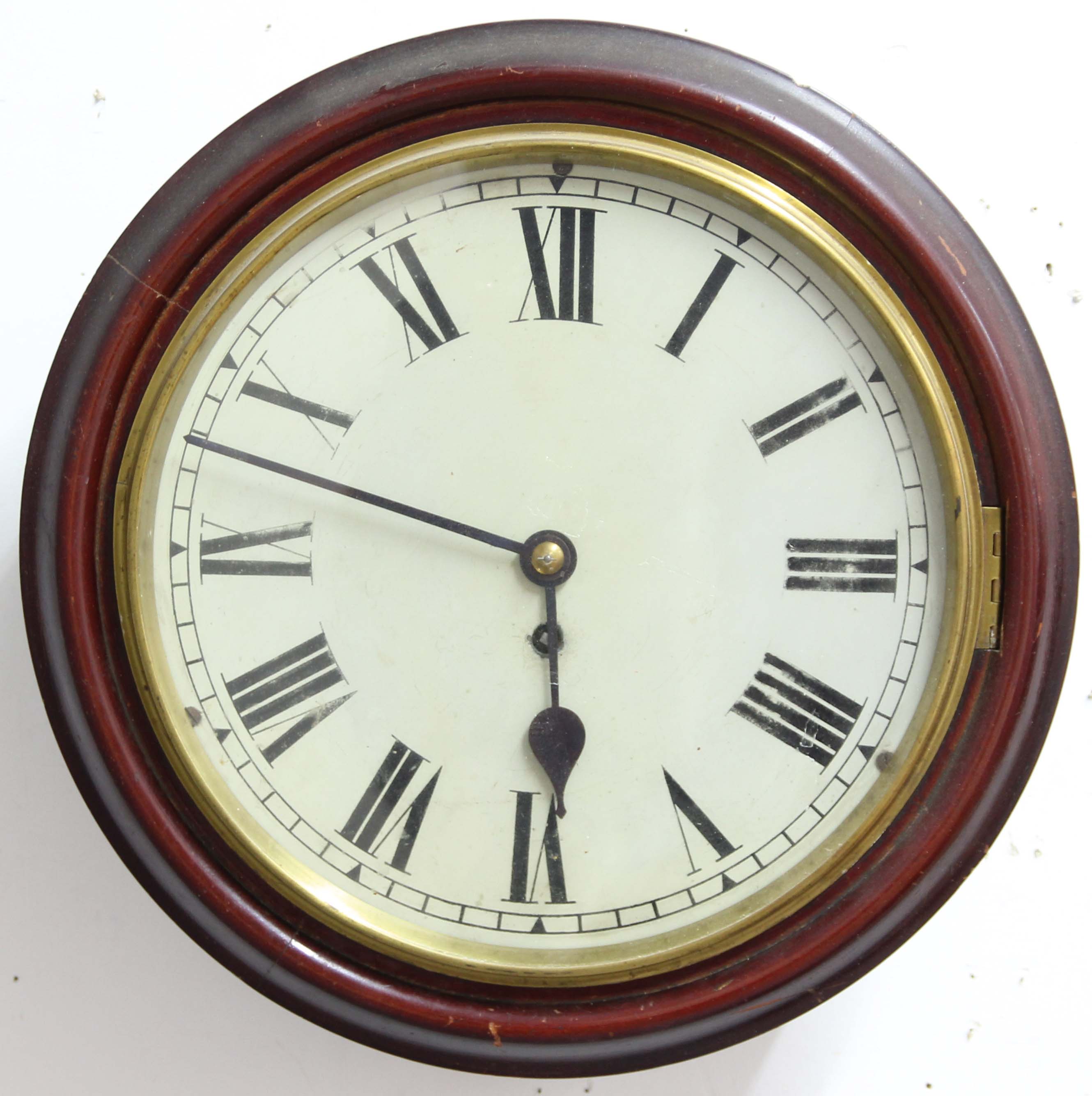 VICTORIAN WALL CLOCK, the 11 1/2" enamelled dial on a brass eight day single fusee movement inside a