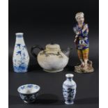 Three Chinese Blue and White Items, a Stoneware Teapot and a Figure