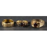 18ct Gold Buckle Ring, Antique Garnet Ring & 9ct Gents Ring