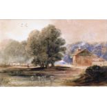 Watercolour, Figures by Pond in Open Landscape Attrib. to a A V Copley Fielding