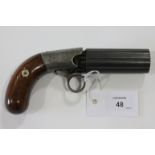 A PEPPERBOX REVOLVER. A six-shot Pepperbox Percussion Revolver with steel cylinder and ring