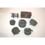 FISHING REELS & ACCESSORIES including a Eaton & Deller 3 1/2" reel, two small brass reels with