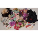 A BOX VINTAGE SILK FLOWERS AND MIXED HABERDASHERY A collection of vintage corsages and boxes of