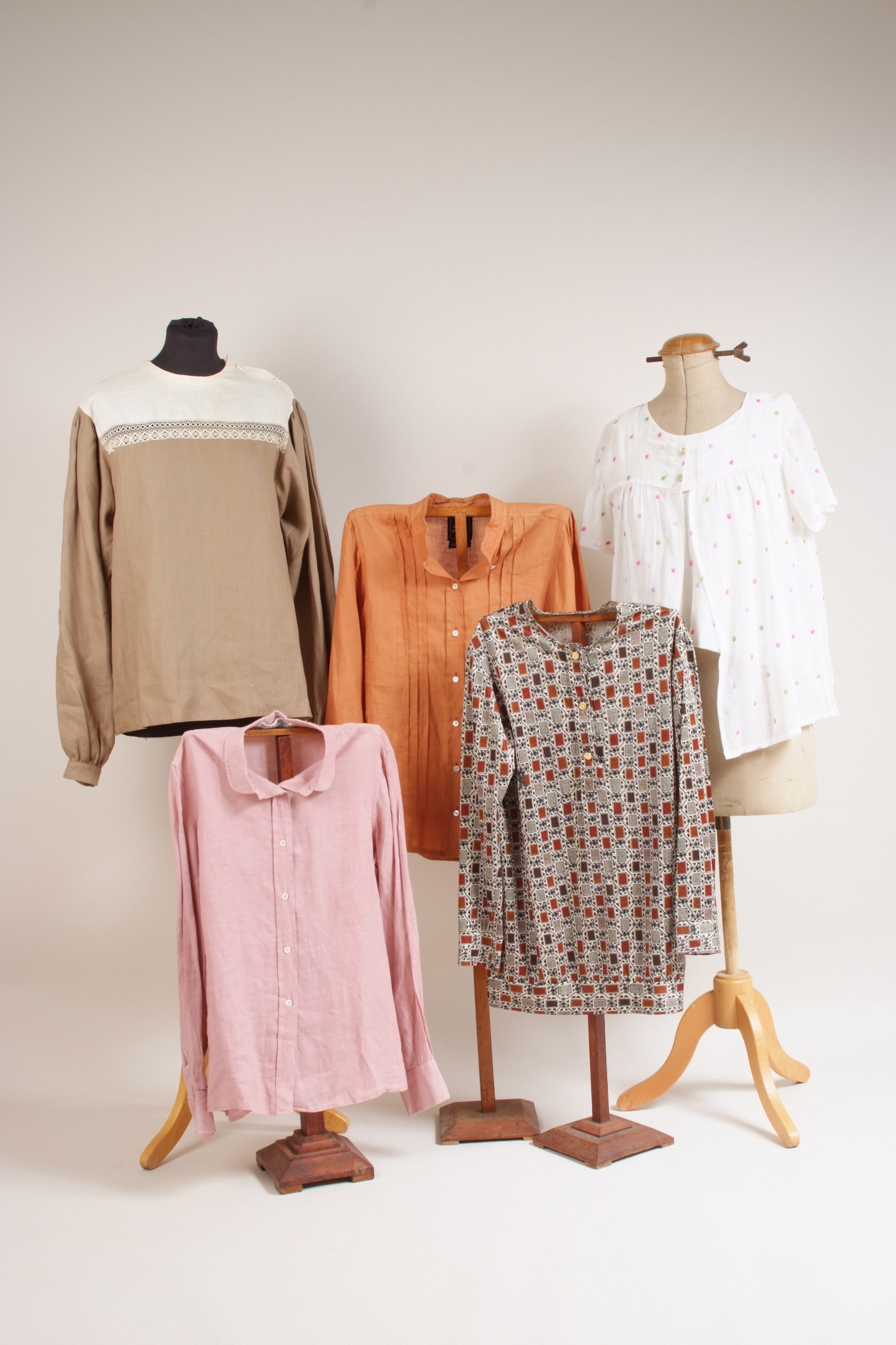 FIVE 1990'S DESIGNER BLOUSES A musk pink linen blouse 'Ted Lapidus Boutique Haute Couture Paris'.