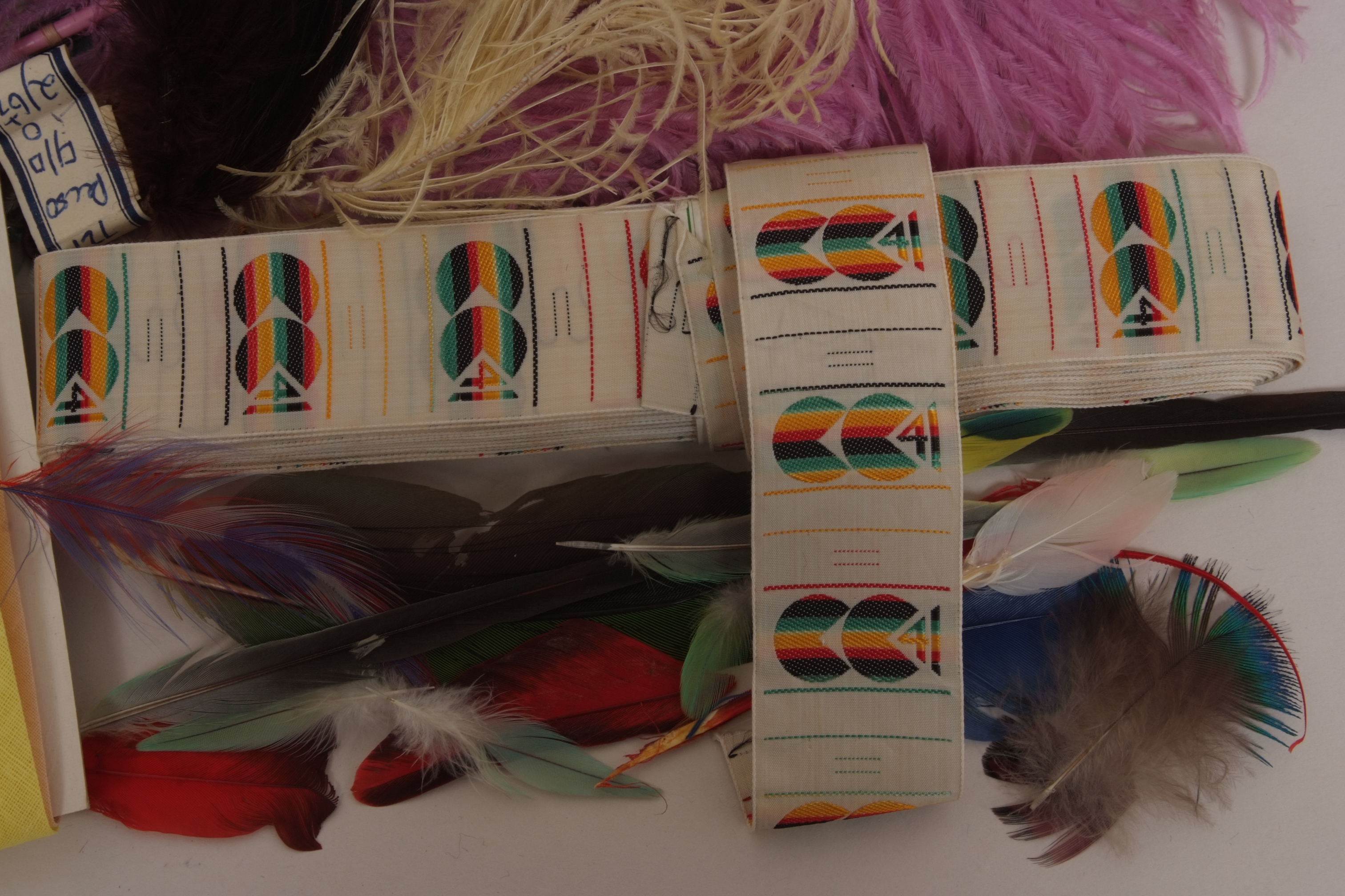 A COLLECTION OF HABERDASHERY AND MILLINERY ITEMS A quantity of feathers, ribbons and a roll of - Image 4 of 4