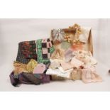 A MIXED LOT OF SCARVES, HANKIES ETC. In two fabric covered boxes, a mixed lot of vintage scarves,