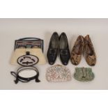 EARLY C20TH SHOES AND BAGS Black leather shoes with beaded buckle, louis heel, Labelled 'The Brit-