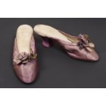 A PAIR OF GEORGIAN SILK SHOES Satin shoes with louis heels, padded silk in-soles with pretty