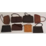 A COLLECTION OF VINTAGE HANDBAGS A brown suede bag, lined with inside purse and pocket, in it's