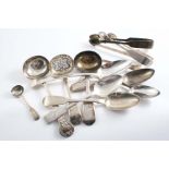 ASSORTED EXETER-MADE FLATWARE:- Three pairs of sugar tongs, four dessert spoons, a salt spoon, a