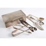 A MIXED LOT:- Six various items of flatware made by George Adams (three pairs of sugar tongs, a