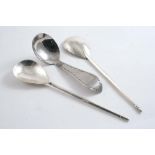 A PAIR OF 20TH CENTURY HAND-MADE SPOONS with drop-shaped bowls and small bud finials, by the Keswick