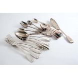 FIDDLE PATTERN:- Six various tea spoons, a mustard spoon, two egg spoons, a butter knife, a small