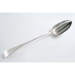 REGIMENTAL INTEREST:- A George III Old English pattern strainer spoon of basting size, engraved with