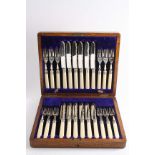 A CASED SET OF TWELVE PAIRS OF PLATED DESSERT KNIVES & FORKS with border engraving, ivory