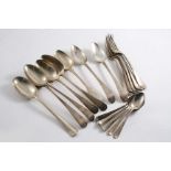 MIXED FLATWARE:- A set of five Old English pattern dessert forks, initialled "M", London 1841, seven