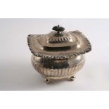 AN EDWARDIAN SUGAR CADDY of rounded oblong form with ball feet, and a part-fluted lower body &