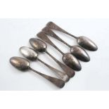 A SET OF SIX GEORGE III FANCY-BACK TEA SPOONS with a scroll below the drop, initialled "MH" &