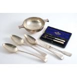 A MIXED LOT:- A quaich by Hamilton & Inches, Edinburgh 1964, three George III table spoons, a