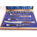 A LATE VICTORIAN MOUNTED STEEL CARVING SET in a lined and fitted case, including two knives, two