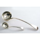 A GEORGE III FIDDLE PATTERN SOUP LADLE crested, by Thomas Barker, London 1815 and an Old English