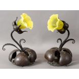 PAIR OF ART NOUVEAU WALL LIGHTS & SHADES a pair of copper and metal wall lights in the form of a