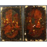 PAIR OF INDIAN LACQUERED PANELS, mid 19th century, decorated with figures in an interior, a