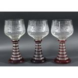 SET OF SIX OVERSIZED WINE GOBLETS, Bohemian style, the clear glass bowls with fruiting vine engraved