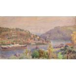 ALMA CLAUDE BURLTON CULL (1880-1931) A PLEASURE STEAMER ON A RIVER BY A TOWN Signed, watercolour and