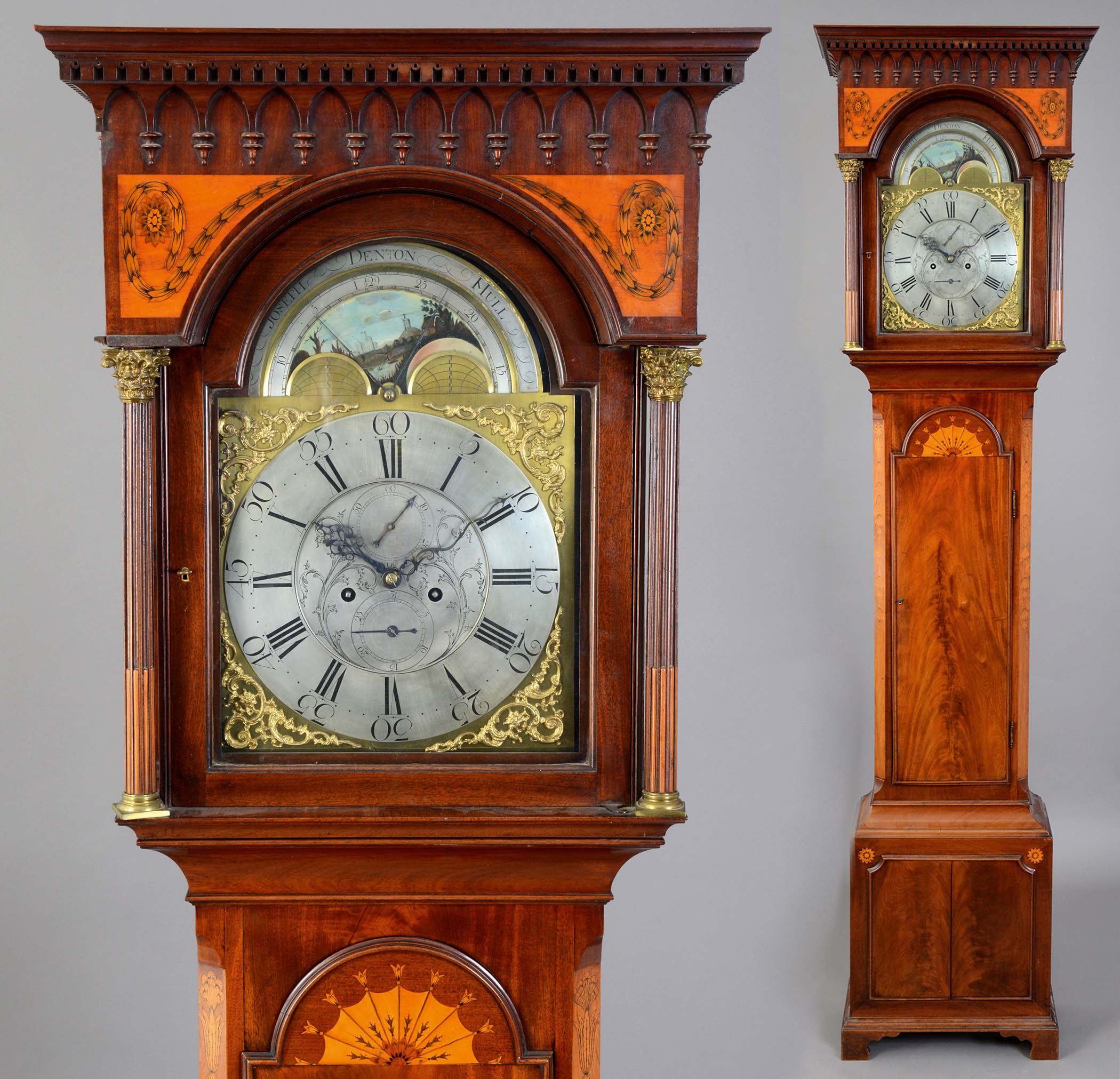 MAHOGANY AND INLAID LONGCASE CLOCK, the 12" silvered chapter ring with subsidiary seconds and date