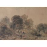 PETER DE WINT (1784-1849) FIGURES WITH A DOG ON A WOODED RIVERSIDE PATH Watercolour 23.5 x