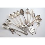 MISCELLANEOUS FLATWARE:- Six table spoons, three dessert spoons, seven smaller spoons and a pair