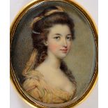 FOLLOWER OF JOHN SMART A miniature portrait of a lady wearing a scarf and pearls in her hair,
