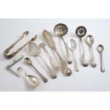 SUNDRY ANTIQUE FLATWARE:- An Exeter toddy ladle, initialled, a sauce ladle, two butter knives, two