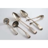 ASSORTED ANTIQUE EDINBURGH-MARKED FLATWARE:- A Victorian toddy ladle (now pierced for use as a sugar