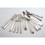 A SET OF FIVE GEORGE III OLD ENGLISH PATTERN TABLE FORKS crested, bhy Messrs. Eley, Fearn & Chawner,