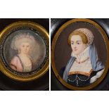 FRENCH SCHOOL:- Miniature portrait of a lady wearing fur trimmed pink robe, possibly on card, 4.5
