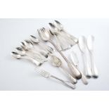 ASSORTED FIDDLE & THREAD PATTERN FLATWARE:- Eight George III / IV dessert spoons (one initialled),