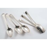 A SET OF SIX GEORGE III BRIGHT-CUT TEA SPOONS initialled "S" over "TA", by John Langlands & John