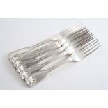 A SET OF SIX VICTORIAN, MILITARY FIDDLE THREAD & SHELL PATTERN TABLE FORKS, crested, by John James
