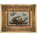 A CHINESE MIRROR GLASS PAINTING of a couple in a boat, birds flying above, gilt frame with inner