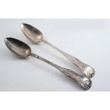 A PAIR OF GEORGE III SCOTTISH KING'S PATTERN BASTING SPOONS (single struck with shoulders),