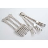 A MATCHED SET OF SIX VICTORIAN REPRODUCTIONS OF THREE-PRONG TREFID FORKS, each crested and inscribed