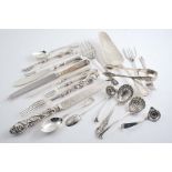 MISCELLANEOUS FLATWARE & CUTLERY:- A Victorian dessert serving knife & fork with loaded handles, a