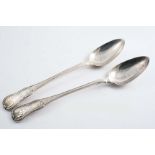 A GEORGE III MATCHED PAIR OF GEORGE III HOURGLASS PATTERN BASTING SOPOONS, crested, one by W. Eley &